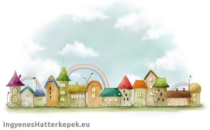 Rajzolt városka képe, színes házakkal, szivárvánnyal.